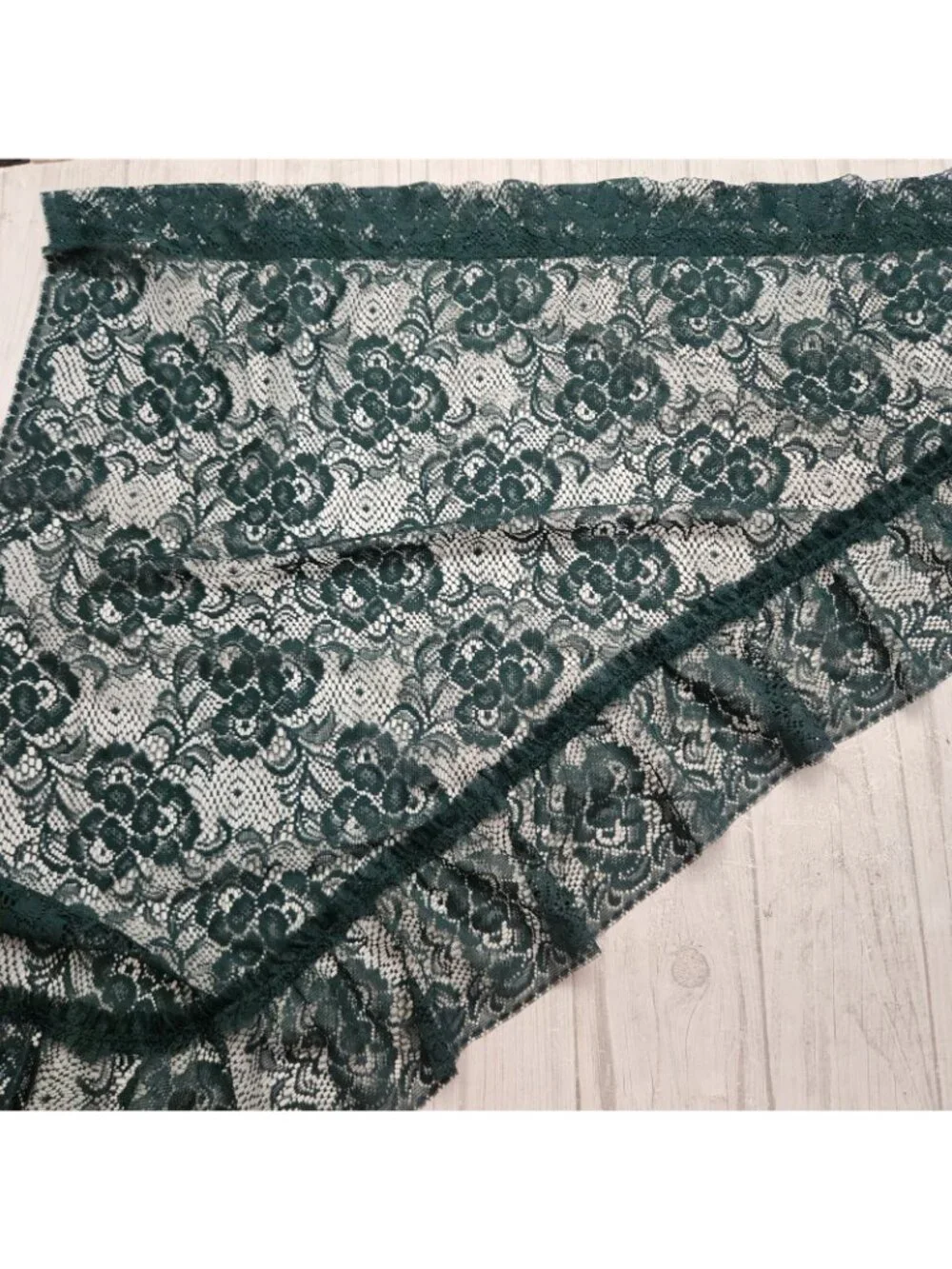 Vintage Green Lace Floral Curtains Angled Valance Panels Rod/Pole Pocket 2 Set
